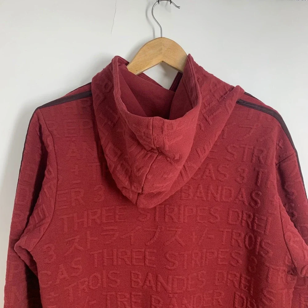 Adidas Men Burgundy All Over Text Logo Embossed‎ Hoodie Pullover Size L